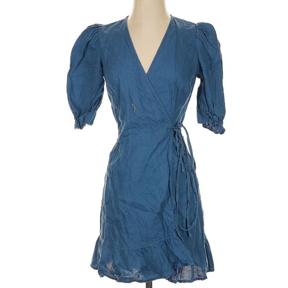 Reformation 100% Linen Carmelo Wrap Mini Dress in Blue Azul S - Picture 2 of 8